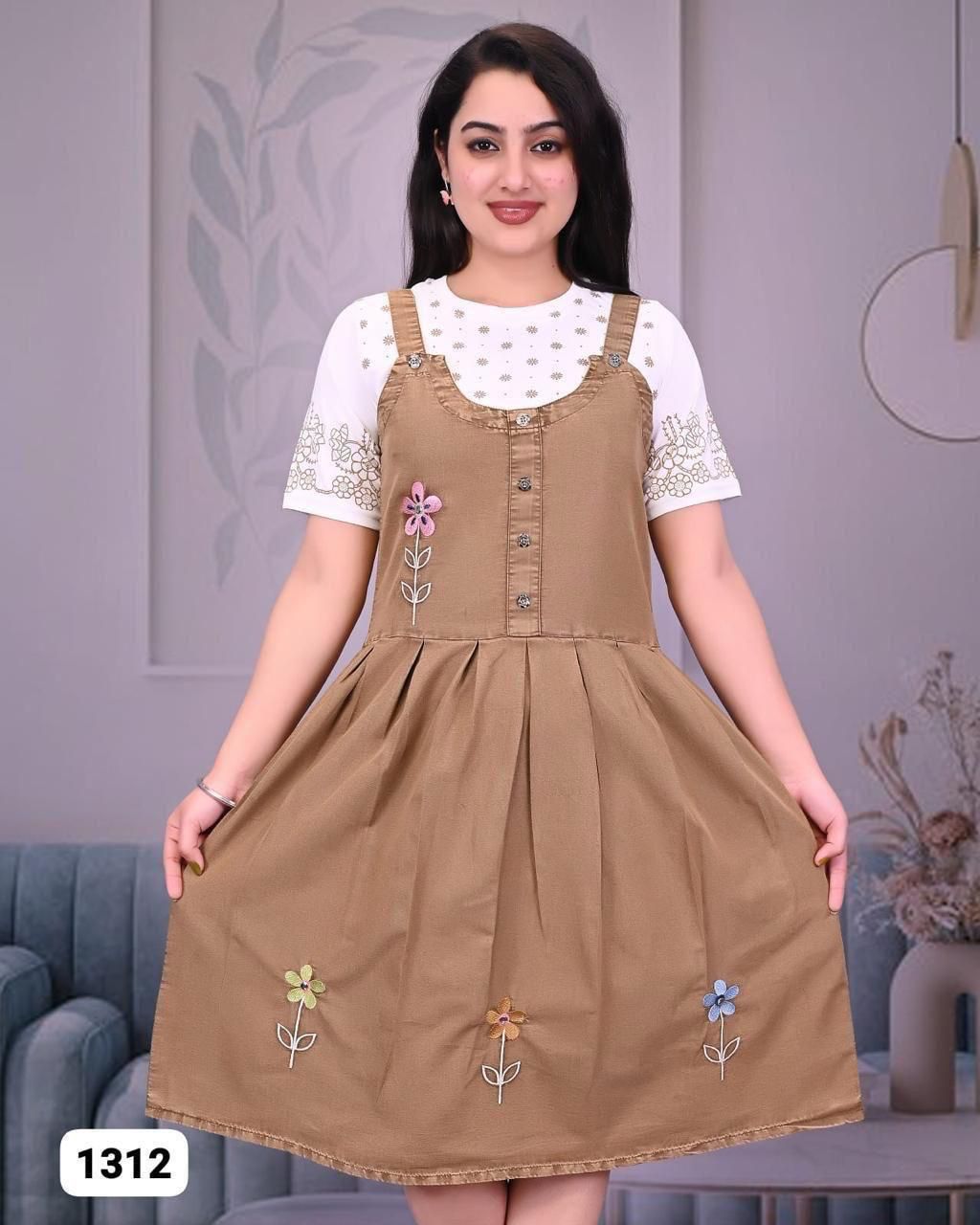 Women's Floral Embroidered Pinafore Dress with Inner T-Shirt Set of 6 piece